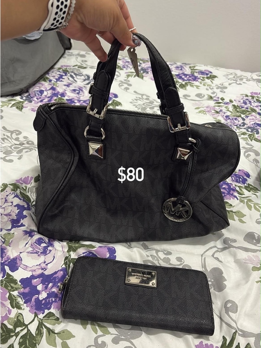 Michael Kors Black Logo-Print Satchel with Matching Wallet
